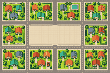 A sunny suburb from above: ten quarters of houses around an empty town square